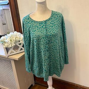 Context seafoam  animal print silk button front cardigan Size 2X New
